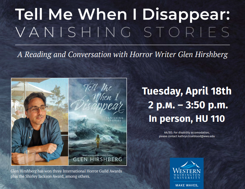 Author Glen Hirshberg sitting down for a conversation beside the cover of his book 