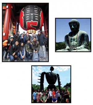 students posing in front of different Japanese sights