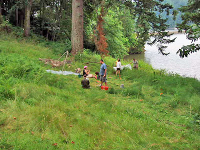 A field archaeology course sets up a camping site in tall grass, surrounded by trees and near the water