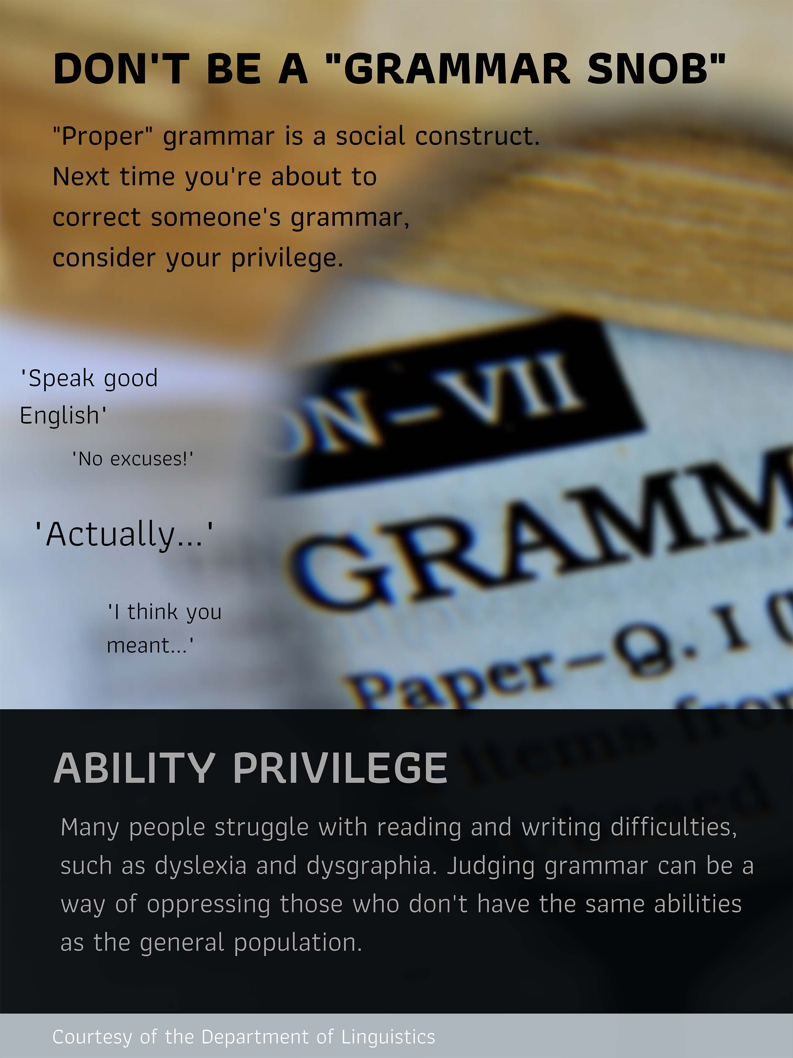 Don't be a grammar snob. Consider your ability privilege. Click on image to see full description.