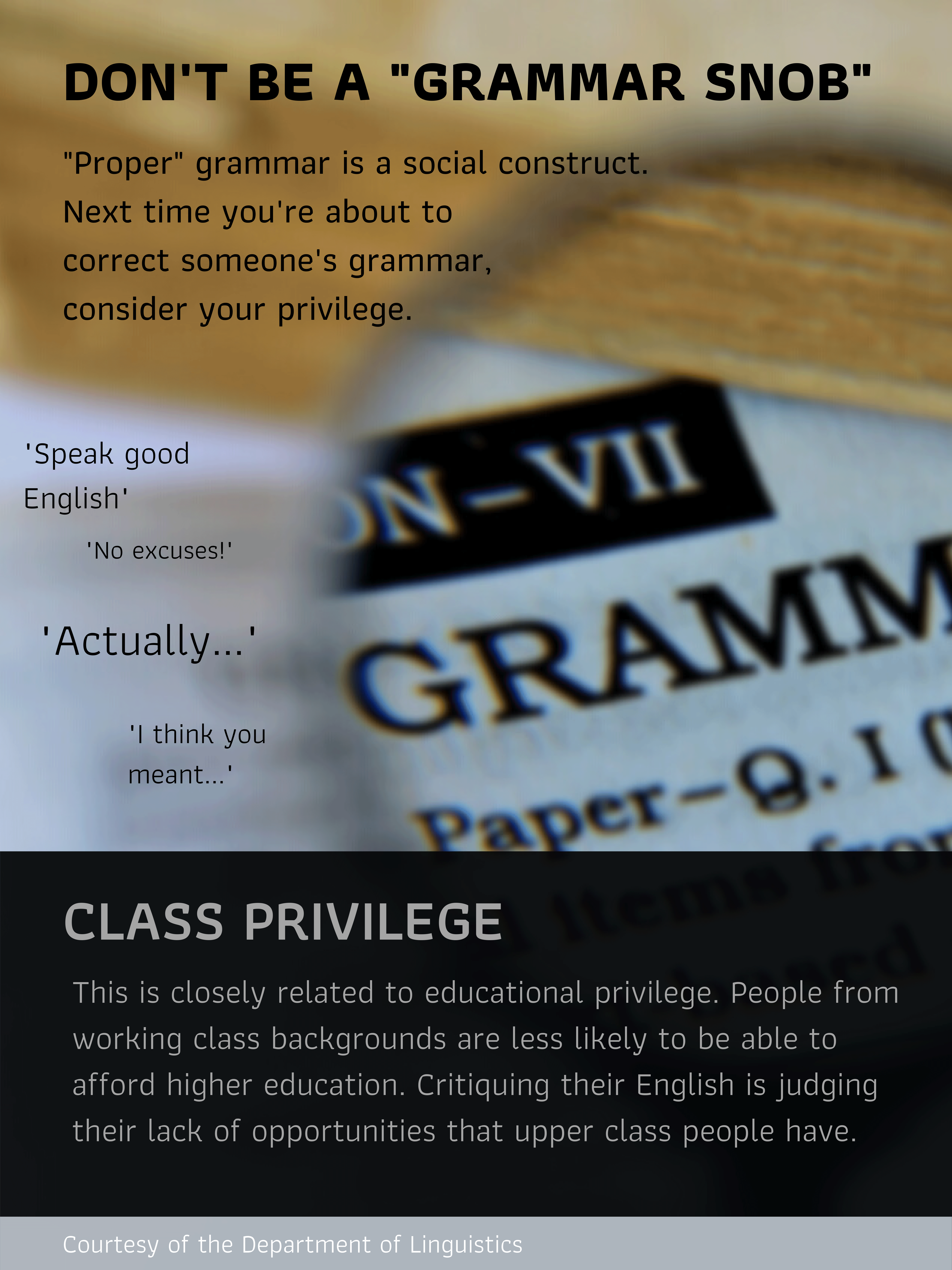 Linguistics Poster. Don't be a "grammar snob". See webpage for full description.
