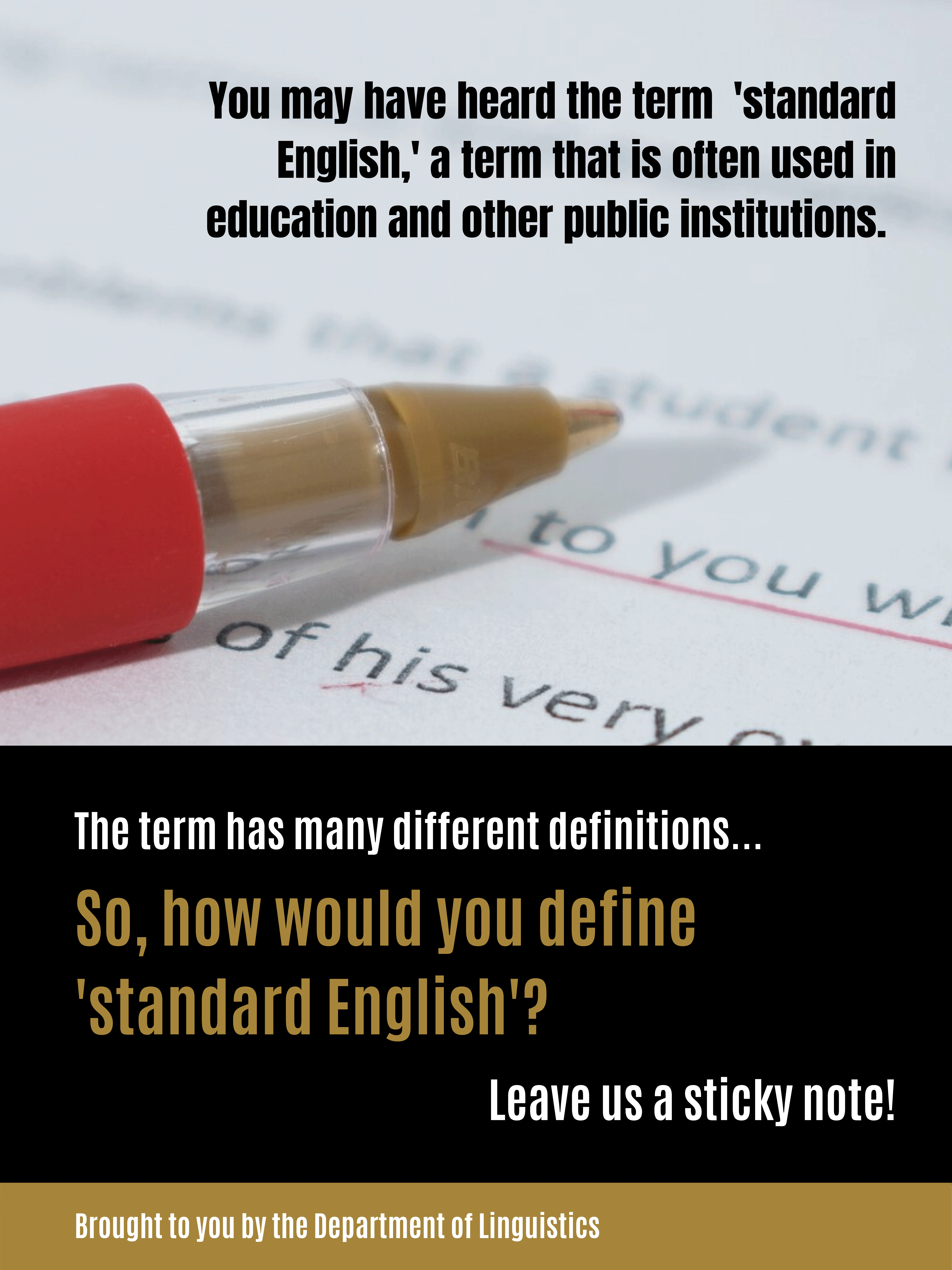 Linguistics Poster. How would you define 'standard English'? See webpage for full description.
