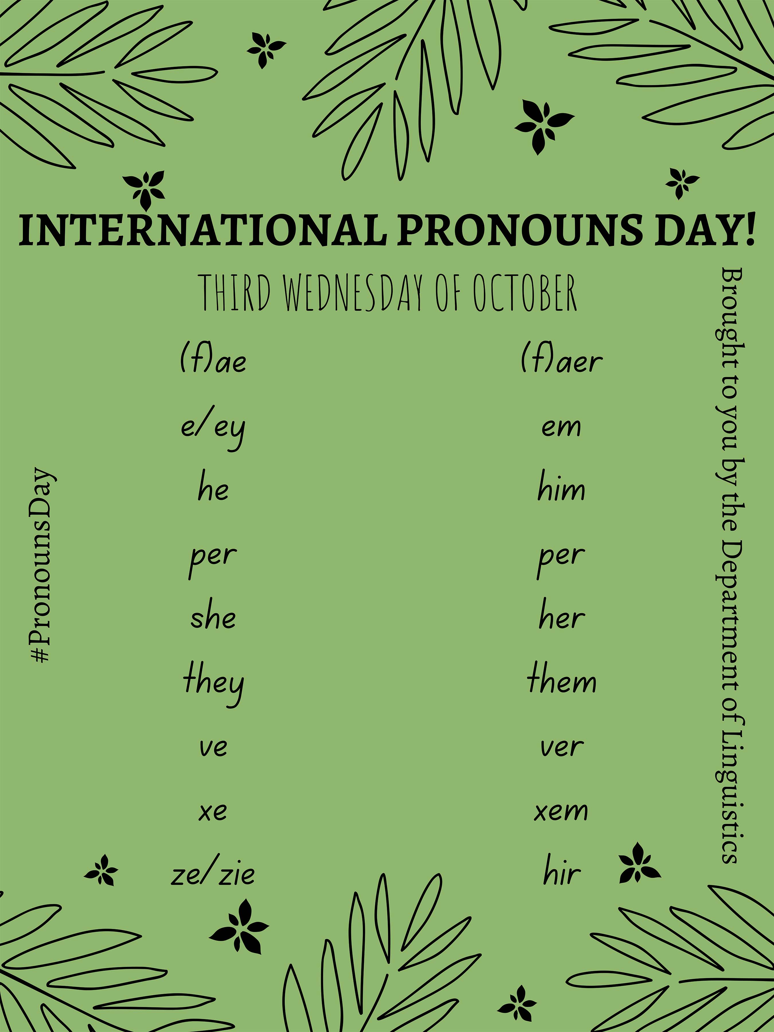 International Pronouns Day is the 3rd Wednesday of October. Click on image to see full description.