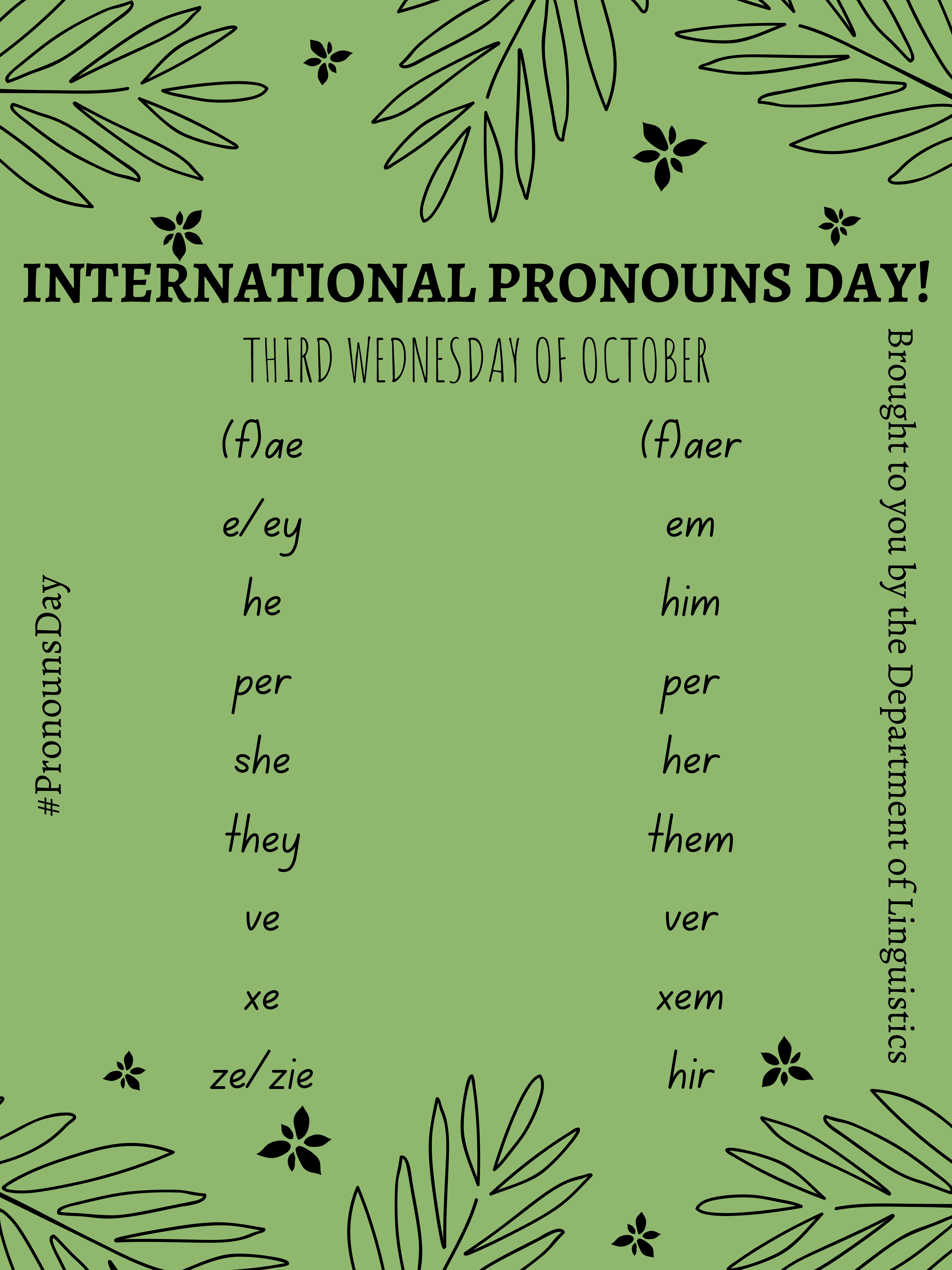 Linguistics Poster. International Pronouns Day is the 3rd Wednesday of October. See webpage for full description.