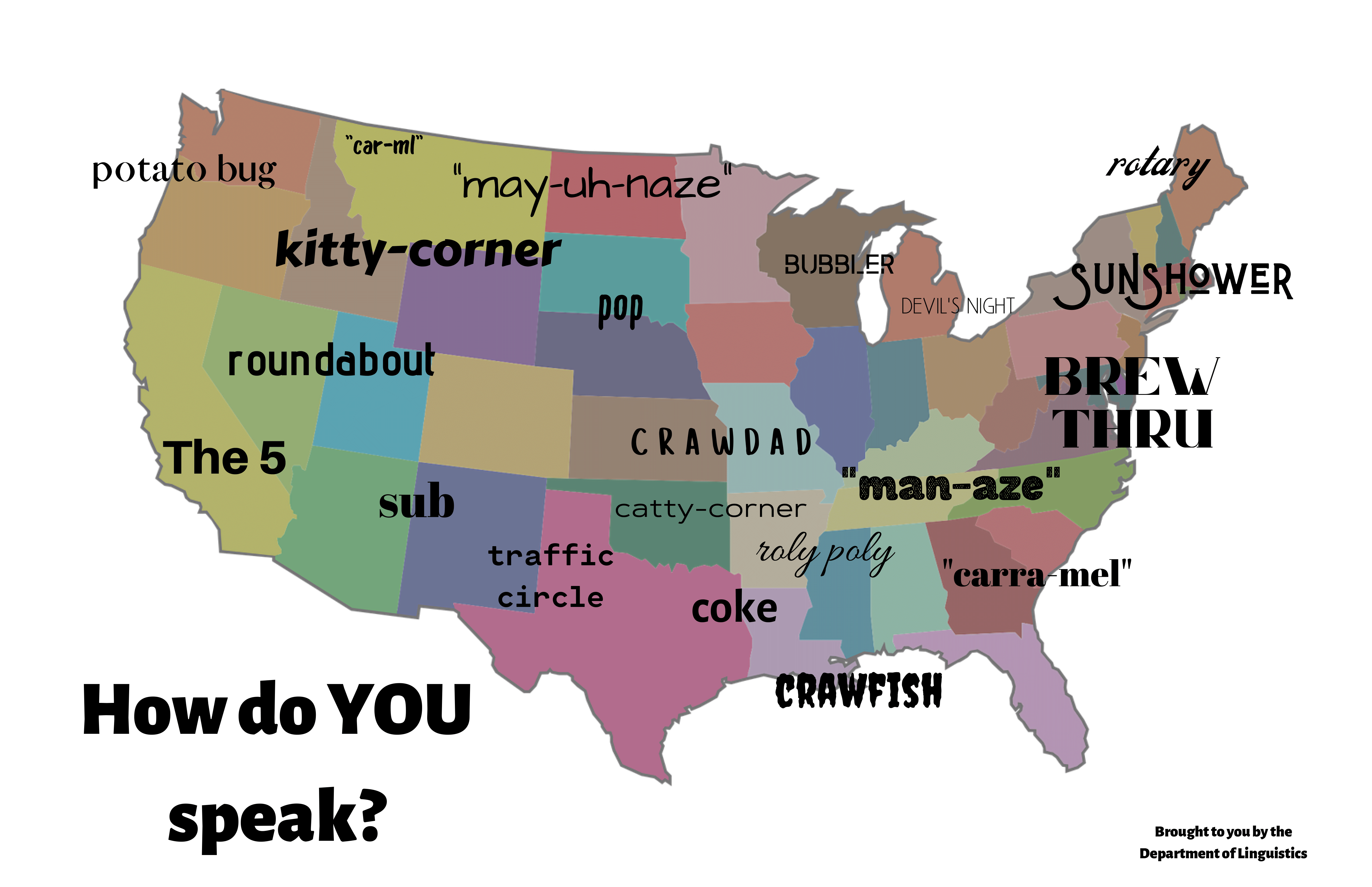 Linguistics Poster. Map of US, says, "How do YOU speak?" with region-specific words and phrases. See webpage for full description.