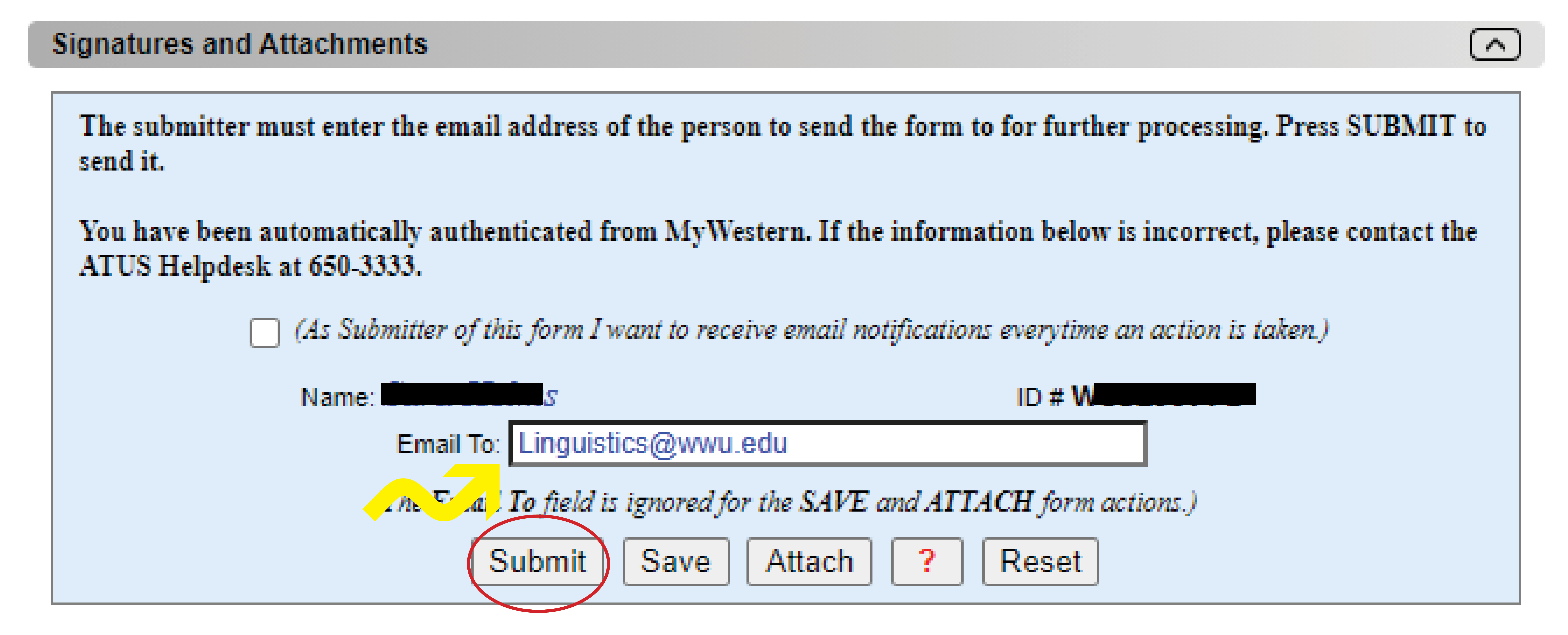 Screenshot of the bottom of a major declaration form showing where you type in the linguistics@wwu.edu email address and then click submit.