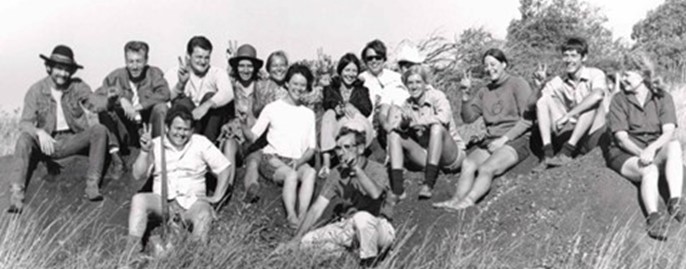 black and white group photo from the 1970s of 20 archaeology field school students