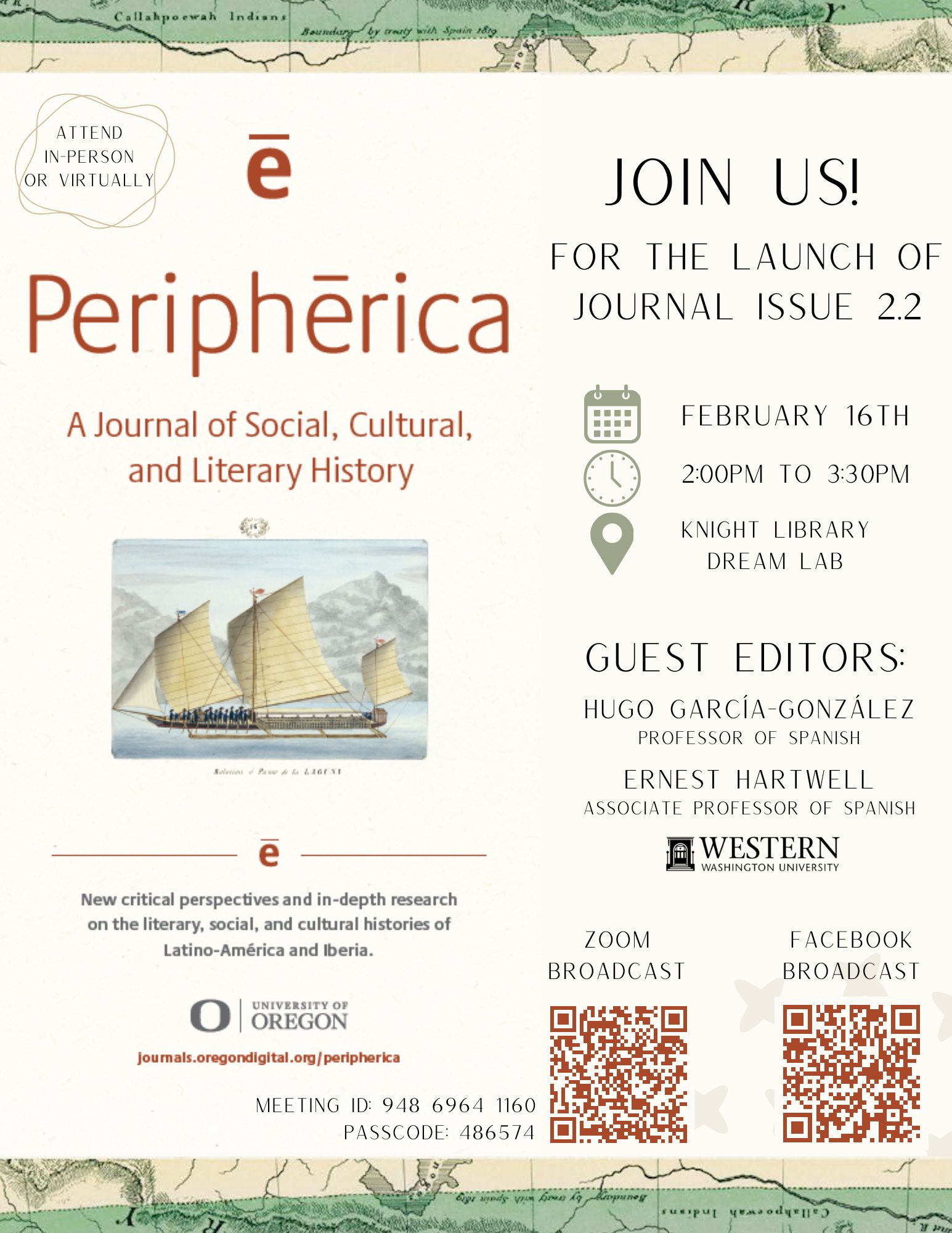 A poster advertising the launch of Peripherica Journal Issue 2.2 on Feb. 16, 2024 from 2:00 - 3:30pm. The event will be held in-person and broadcast virtually over Facebook and Zoom. OR codes are located at the bottom right of the image.