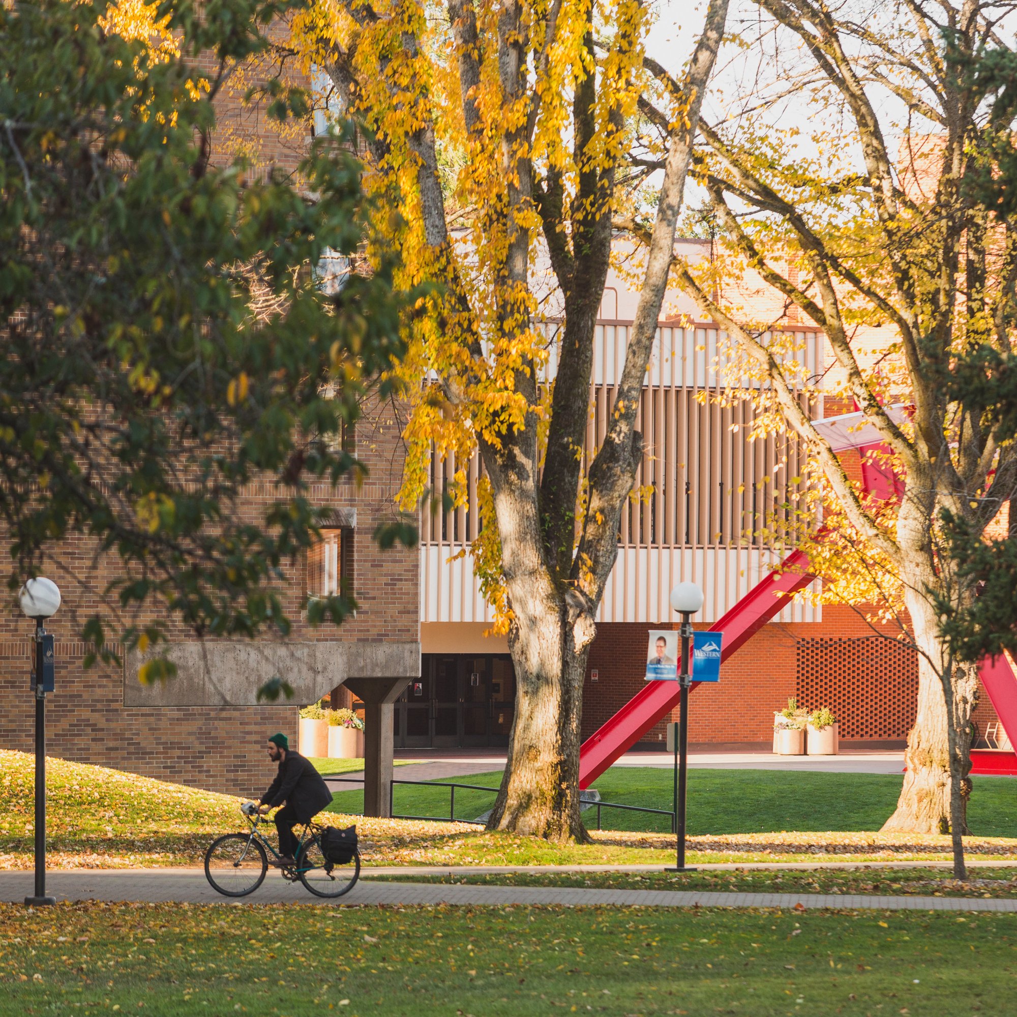 Person riding bike through Western Washington University campus in early fall