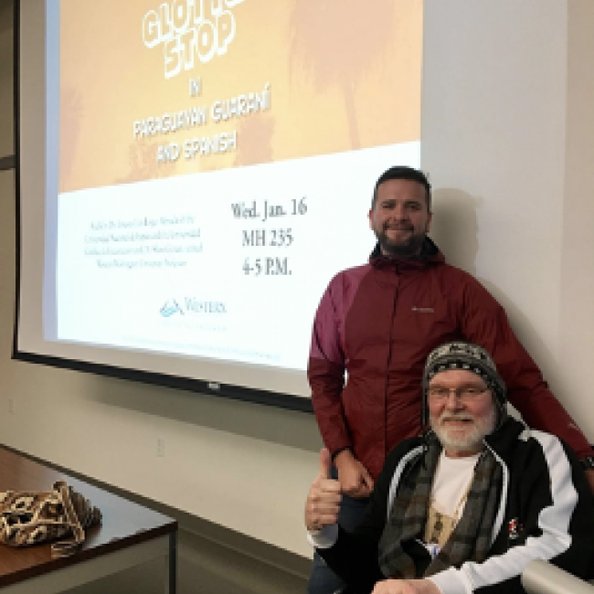  Dr. Gynan poses with Dr. Ernesto Luis Lopez Almada of the Universidad Nacional de Itapua and the Universidad Catolica de Encarnacion after a talk they gave at Western in January 2019.