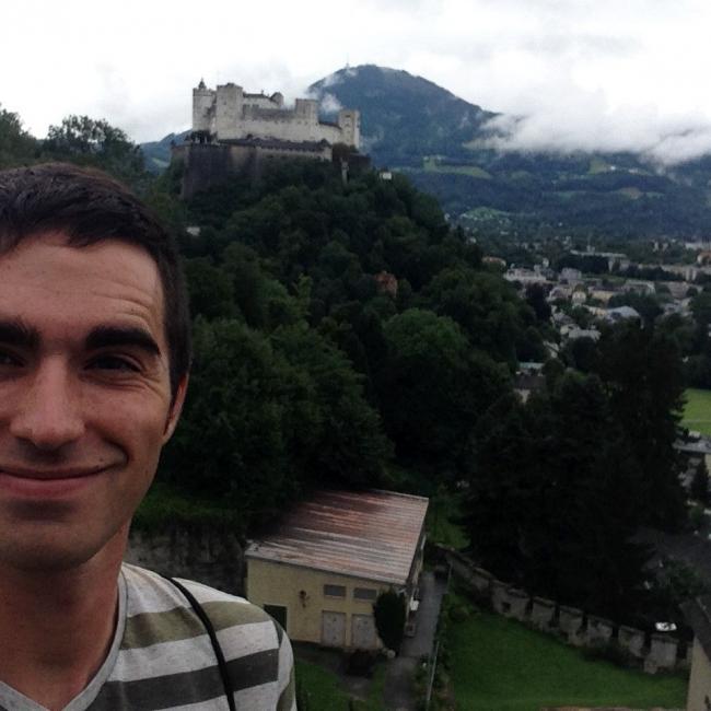 selfie photo in front of the Hohensalzburg Castle in Salzburg, Austria.