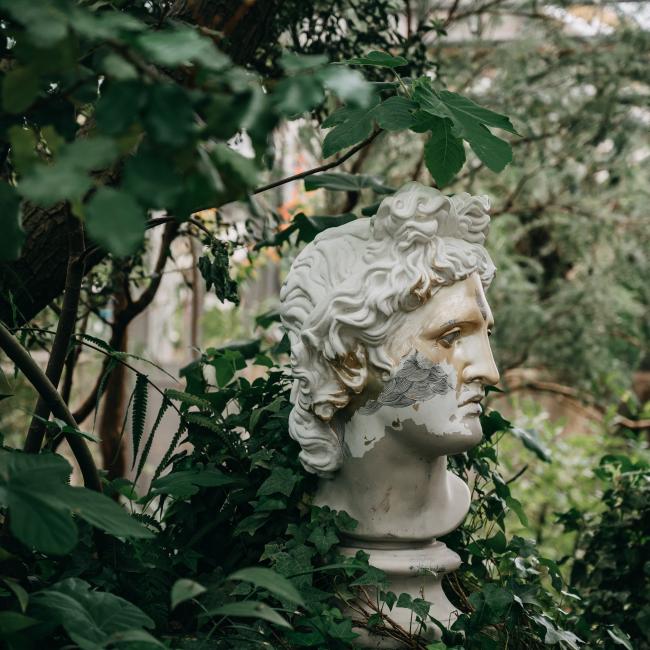 Gray bust surrounded by foliage