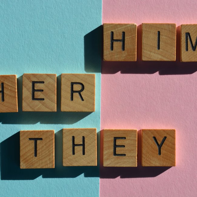 A blue and pink background with the words "him," "her," and "they" spelled out in Scrabble pieces.