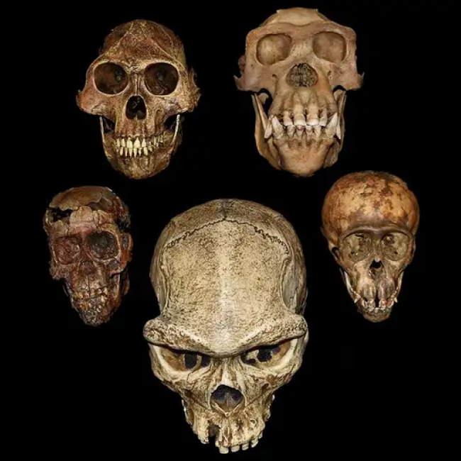 A set of primate skulls with a black background
