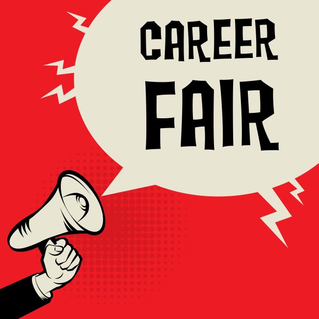 A person holding a megaphone with the words "Career Fair" inside of a speech bubble.