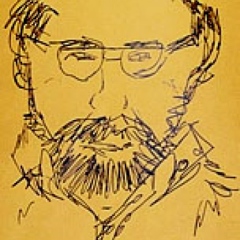 A line drawing of a man wearing glasses and a beard.