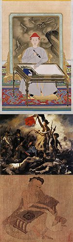 Three panel vertical image of paintings from different cultures.