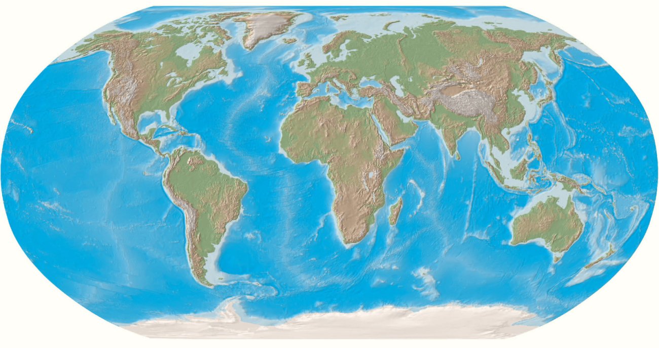 World map displaying all the continents with elevation displayed in relief.