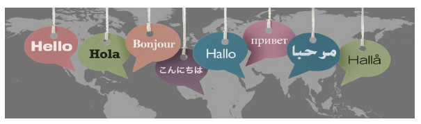 map of the world with hello in seven languages
