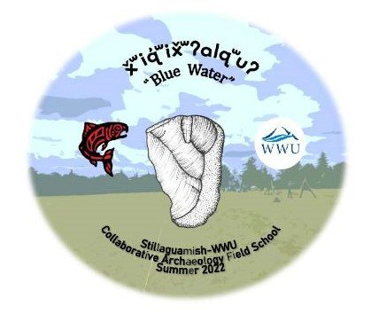 project logo: floating Stillaguamish logo (chinook salmon Coast Salish design) drawing of first lithic artifact found on site and the western logo, all overlaying background of dig site