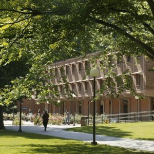 A brick building as seen through trees 