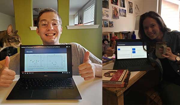 Nancy Brill and Brahm van Woerden each pose with thumbs up next to laptops displaying research. Brahm's cat is also posing.
