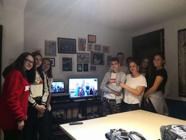 High school students from Brčko pose while video chatting with linguistics students at Western, fall 2019. Photo courtesy of Marija Runic.