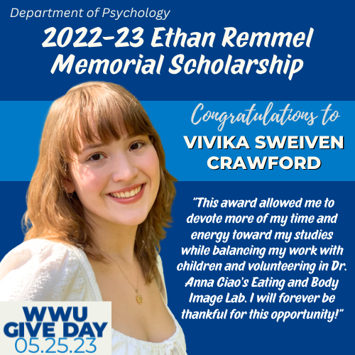 WWU Give Day 2023 logo in lower left corner. Dark and light blue background with portrait of Vivika Sweiven Crawford smiling and quote 