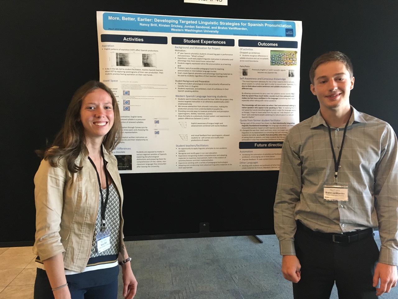 Brill and vanWoerden pose with their research poster at the 2019 Pronunciation in Second Language Learning and Teaching Conference