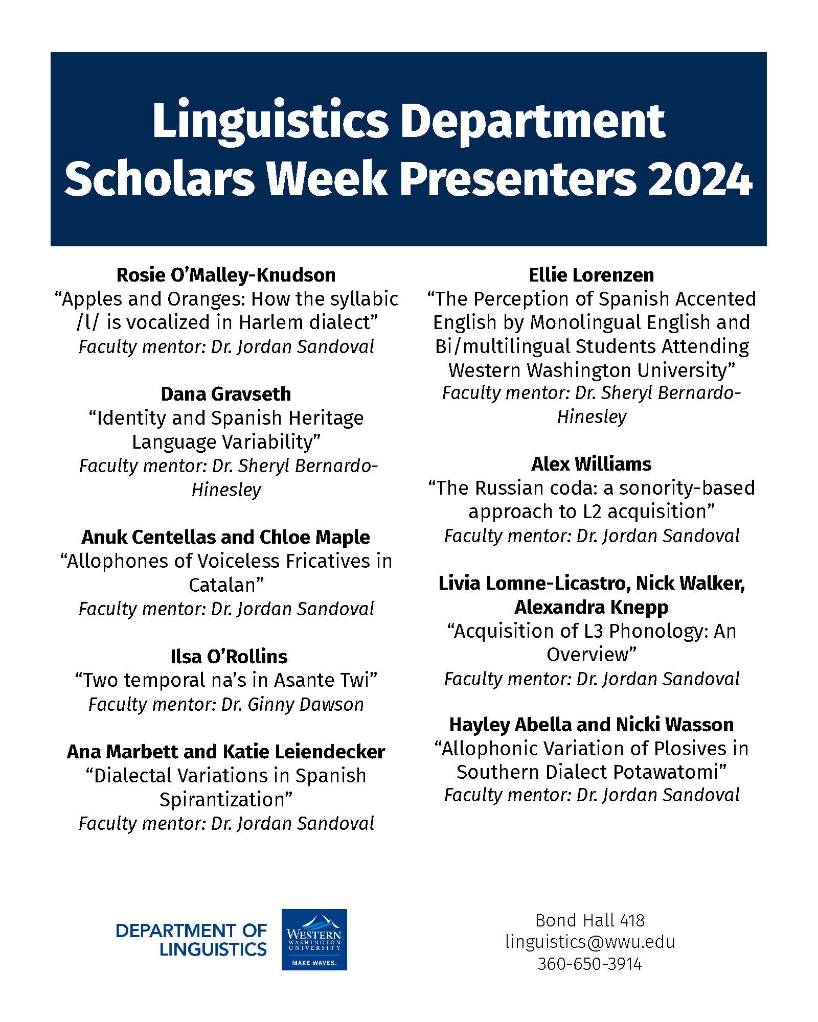 A list of all of the Linguistics Department Scholars Week presenters for 2024. Please refer to the webpage for the complete list.