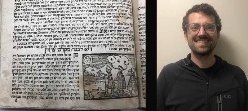 Wilson Sacket positioned beside a page of a Jewish prayer book