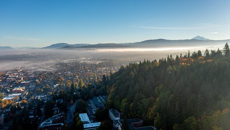Drone view of WWU campus and Bellingham